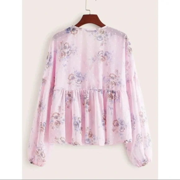 Lantern Sleeve Floral Print Semi Sheer Smock Top - Picture 9 of 14
